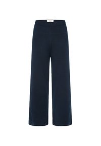 Weite Hose in Marineblau, aus einem weichen Stoff gefertigt. Verfügt über einen glatten Taillenbund und einen klaren, minimalistischen Schnitt ohne sichtbare Verschlüsse.