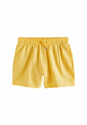 Gelbe Badeshorts mit vertikalen weißen Streifen, elastischem Bund und vorderem Kordelzug mit Metallenden.
