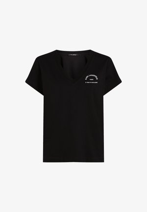Black V-neck T-shirt made of cotton with short sleeves. Features white branded text on the chest. Smooth texture, straight hemline.