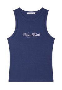 Top in cotone a coste blu navy con scollatura rotonda e ampie aperture per le braccia, con testo ricamato bianco "Venice Beach CALIFORNIA."