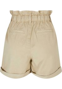 Shorts en coton beige taille haute avec ceinture élastique, ourlets roulés et deux poches arrière horizontales.