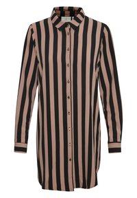 Camicia a maniche lunghe con bottoni, caratterizzata da righe verticali nere e rosa polveroso, con colletto e bottoni color oro. Tessuto con texture liscia.