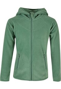 Giacca a felpa con cappuccio di colore verde chiaro. Presenta una cerniera frontale completa e due tasche laterali con zip. Offre una texture morbida e un design aderente.