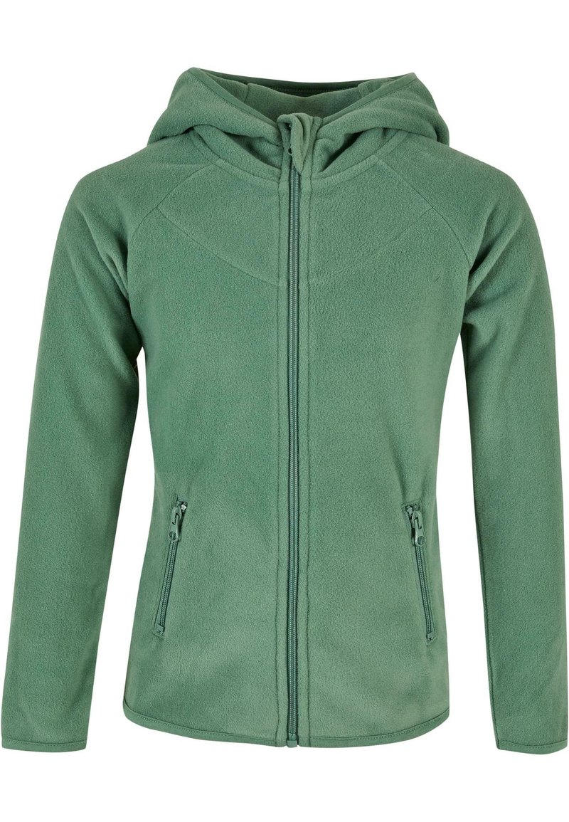 Giacca a felpa con cappuccio di colore verde chiaro. Presenta una cerniera frontale completa e due tasche laterali con zip. Offre una texture morbida e un design aderente.