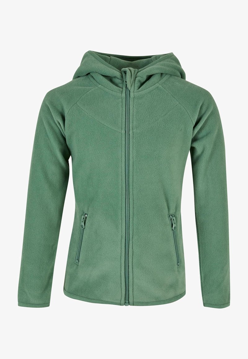 Giacca a felpa con cappuccio di colore verde chiaro. Presenta una cerniera frontale completa e due tasche laterali con zip. Offre una texture morbida e un design aderente.