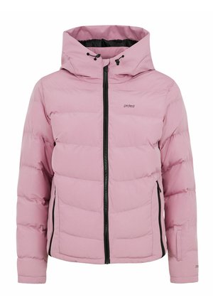 Rosa gepolsterte Jacke mit Kapuze, ausgestattet mit einem schwarzen Reißverschluss und seitlichen Taschen. Hergestellt aus glattem Material mit gesteppten Abschnitten zur Isolierung.
