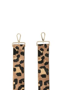 Cinghia con stampa leopardata caratterizzata da una texture intrecciata, una combinazione di colori marrone chiaro e nero, e clip in tono oro per il fissaggio.