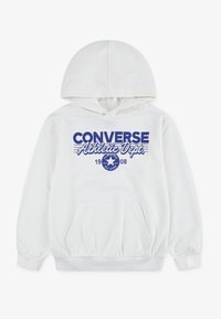 Λευκή φούτερ με κουκούλα και μπροστινή τσέπη καγκουρό. Διαθέτει μπλε σκούρο κείμενο και λογότυπο "CONVERSE Athletic Dept." στο στήθος. Λείο υλικό.