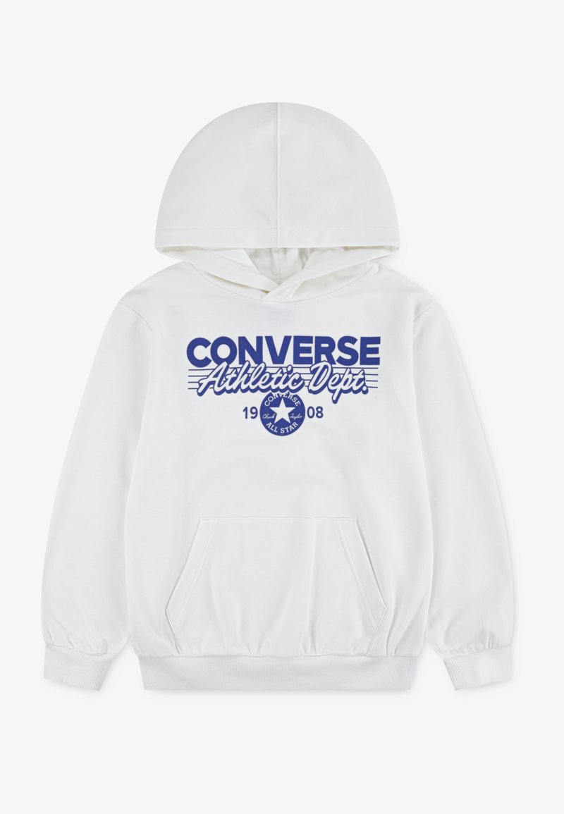 Λευκή φούτερ με κουκούλα και μπροστινή τσέπη καγκουρό. Διαθέτει μπλε σκούρο κείμενο και λογότυπο "CONVERSE Athletic Dept." στο στήθος. Λείο υλικό.