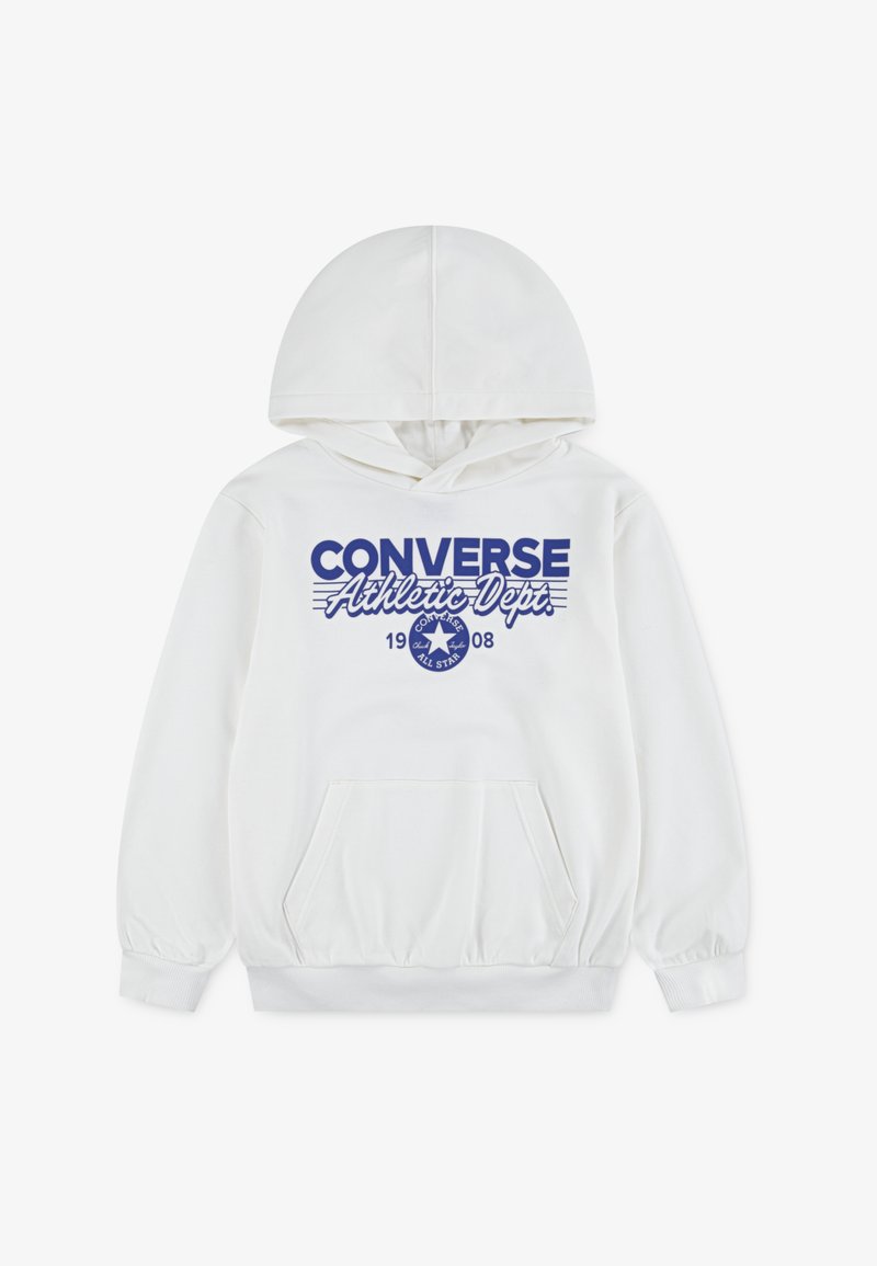 Sweat à capuche blanc avec une poche kangourou à l'avant. Présente un texte et un logo "CONVERSE Athletic Dept." en bleu marine sur la poitrine. Texture lisse.