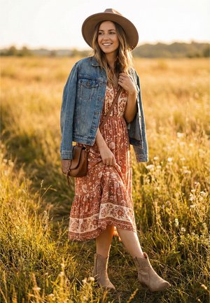 Mujer con vestido floral, chaqueta vaquera y sombrero, de pie en un campo de hierba iluminado por el sol, sonriendo y sosteniendo la correa de su bolso.