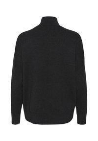 Mörkgrå, långärmad tröja med hög krage. Mjukt, texturerat tyg, avslappnad passform och sänkt axel. Ingen synlig hårdvara eller mönster.