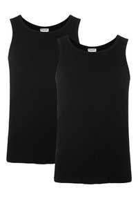 Black cotton tank tops with a ribbed texture, featuring a classic round neckline and sleeveless design. Two pieces displayed together.