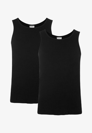 Sorte bomulds tank tops med ribbet tekstur, med en klassisk rund halsudskæring og ærmeløs design. To stykker vist sammen.