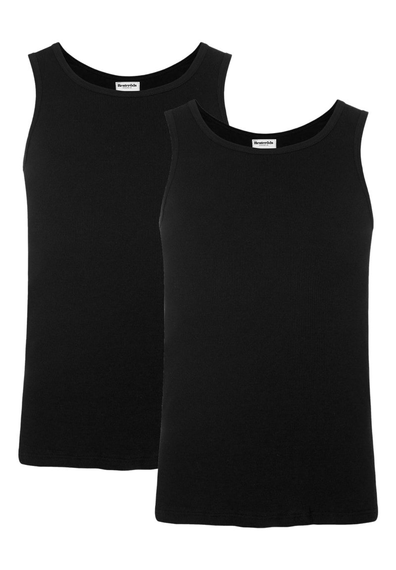 Black cotton tank tops with a ribbed texture, featuring a classic round neckline and sleeveless design. Two pieces displayed together.
