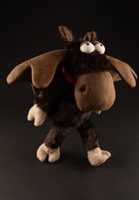 Plush moose toy featuring a brown exterior with soft fabric, large expressive eyes, and prominent floppy ears; beige hooves add detail.