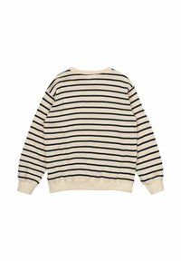 Felpa a righe con base crema e righe blu navy. Presenta maniche lunghe, colletto e polsini a costine. Materiale in cotone morbido con vestibilità rilassata.