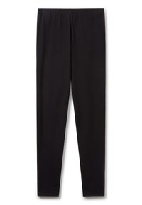 Leggings noirs en tissu extensible, dotés d'une taille élastique et d'une coupe ajustée. Texture lisse, sans motifs visibles.