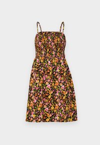 Ärmelloses Sommerkleid mit gerafftem Oberteil und mehrfarbigem Blumenmuster auf schwarzem Hintergrund, mit dünnen Schulterträgern.