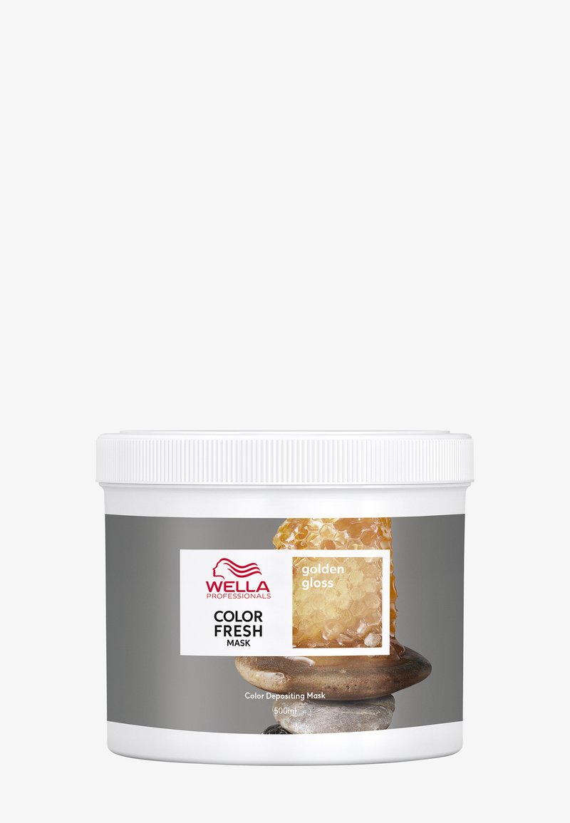 Wella Professionals Color Fresh Mask-beholder med gylden glanslabel og billede af honningkage, 500 ml farveafgivende hårmaske.