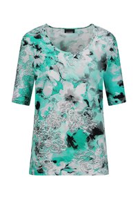 Short-sleeve top in teal and gray with floral patterns, featuring a scoop neckline and smooth, lightweight fabric.
