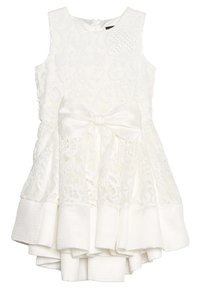 Witte sansmouwen jurk met een gestructureerde kanten bodice, bloemmotieven, een grote taille strik en een uitlopende rok met een ruchesrand.