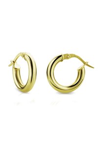 Goldene Creolen mit polierter Oberfläche. Runde Form mit einem leicht dicken Design und einem schwenkbaren Verschluss für sicheren Halt.