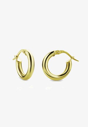 Gold hoop earrings with a polished finish. Circular shape with a slightly thick design and a hinged clasp for secure fastening.