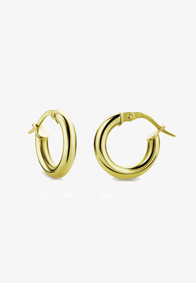 Goldene Creolen mit polierter Oberfläche. Runde Form mit einem leicht dicken Design und einem schwenkbaren Verschluss für sicheren Halt.