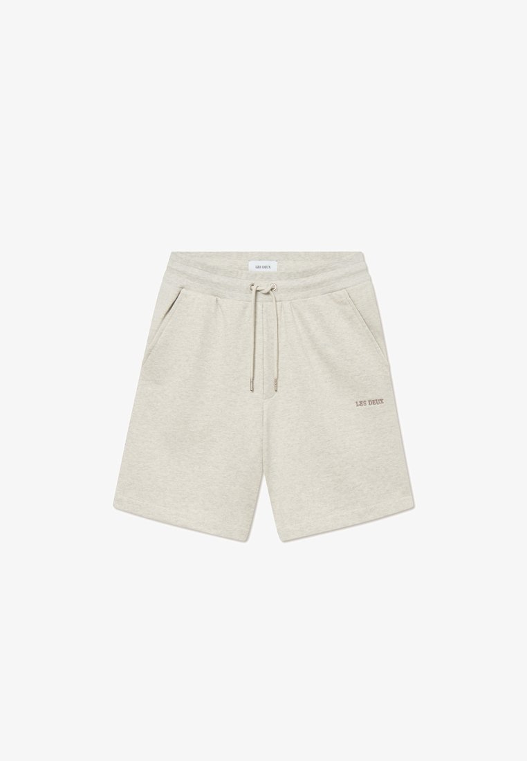 Light gray cotton shorts with an elastic waistband, drawstring, and two side pockets. Features a small "LES DEUX" logo in beige.