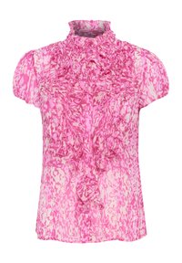 Blusa rosa con colletto arricciato e maniche corte. Presenta un motivo stampato in diverse tonalità di rosa, con dettagli a bottoni sul davanti.