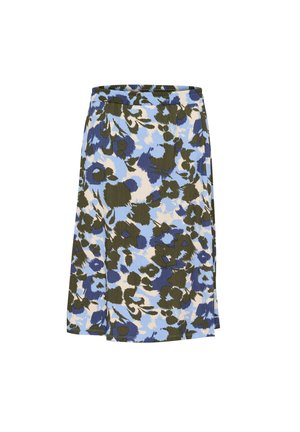 Floral-gedrukt rokje met blauwe, groene en beige kleuren, gemaakt van textuurstof met een elastische tailleband en een uitlopende stijl.