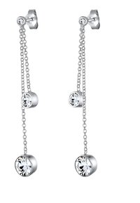 Boucles d'oreilles longues en argent, ornées de deux cristaux ronds et transparents, enchâssés dans des montures métalliques circulaires. Le design est épuré et minimaliste.