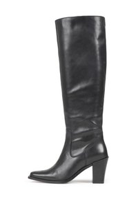 Zwarte leren laars tot de knie met een spitse neus en een blokhak. Gladde textuur met minimale stiksels en een slank silhouet.