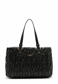 Borsa nera realizzata in materiale sintetico trapuntato, con hardware dorato, doppio manico e un motivo ondulato testurizzato.