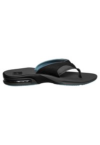 Black flip-flop sandal with a textured strap and blue accent. Features a cushioned sole with an air pocket in the heel for comfort.