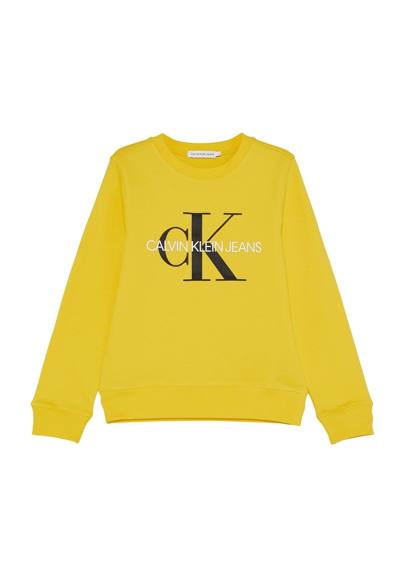 Sudadera amarilla de manga larga con puños y dobladillo acanalados, que presenta un gran "ck" negro y el texto en blanco "CALVIN KLEIN JEANS" centrado en la parte frontal.