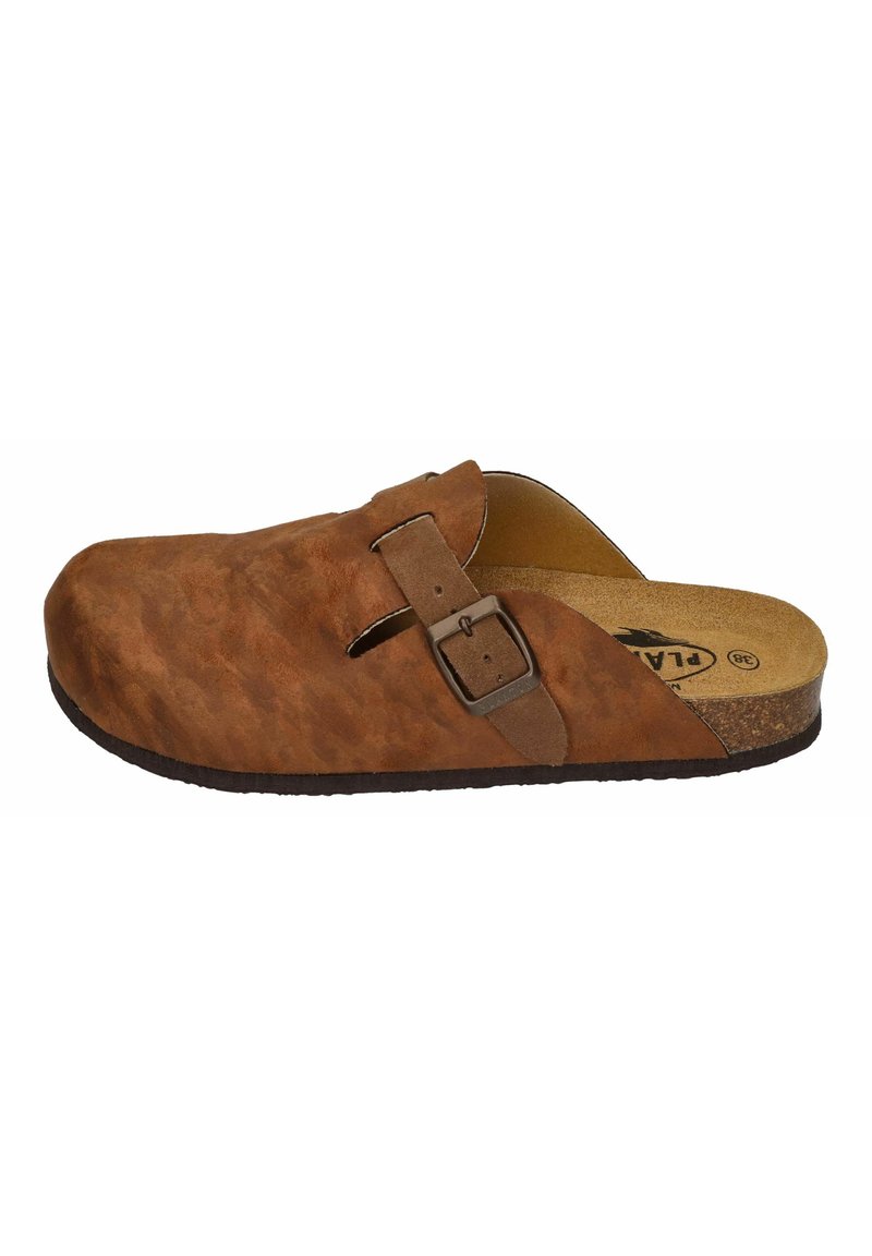 Brown suede slip-on clog with a rounded toe, adjustable buckle strap, and cork midsole. Textured surface with a smooth inner lining.