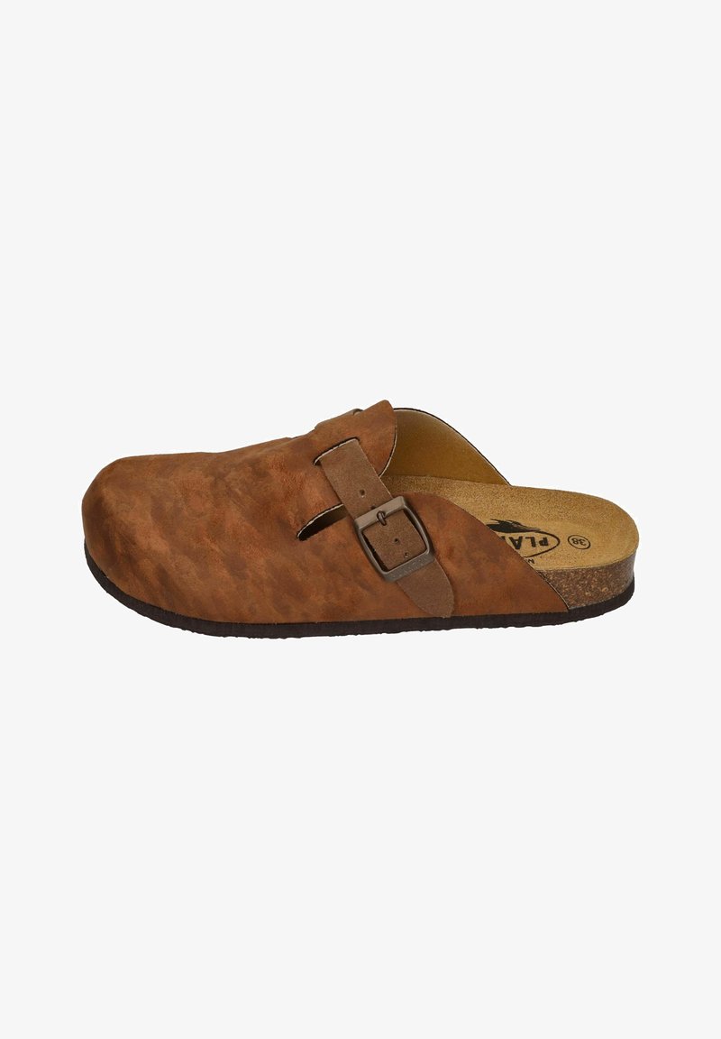 Brown suede slip-on clog with a rounded toe, adjustable buckle strap, and cork midsole. Textured surface with a smooth inner lining.