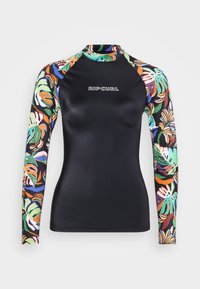 Juodasis ilgų rankovių rash gardas su spalvingais tropiniais lapų raštais ant rankovių, elegantiškas dizainas ir RIP CURL logotipas centre.