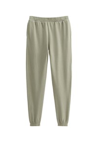 Lichtgroene sweatpants met een elastische tailleband, taps toelopende pijpen en boorden. Gemaakt van zachte stof met een gladde textuur.