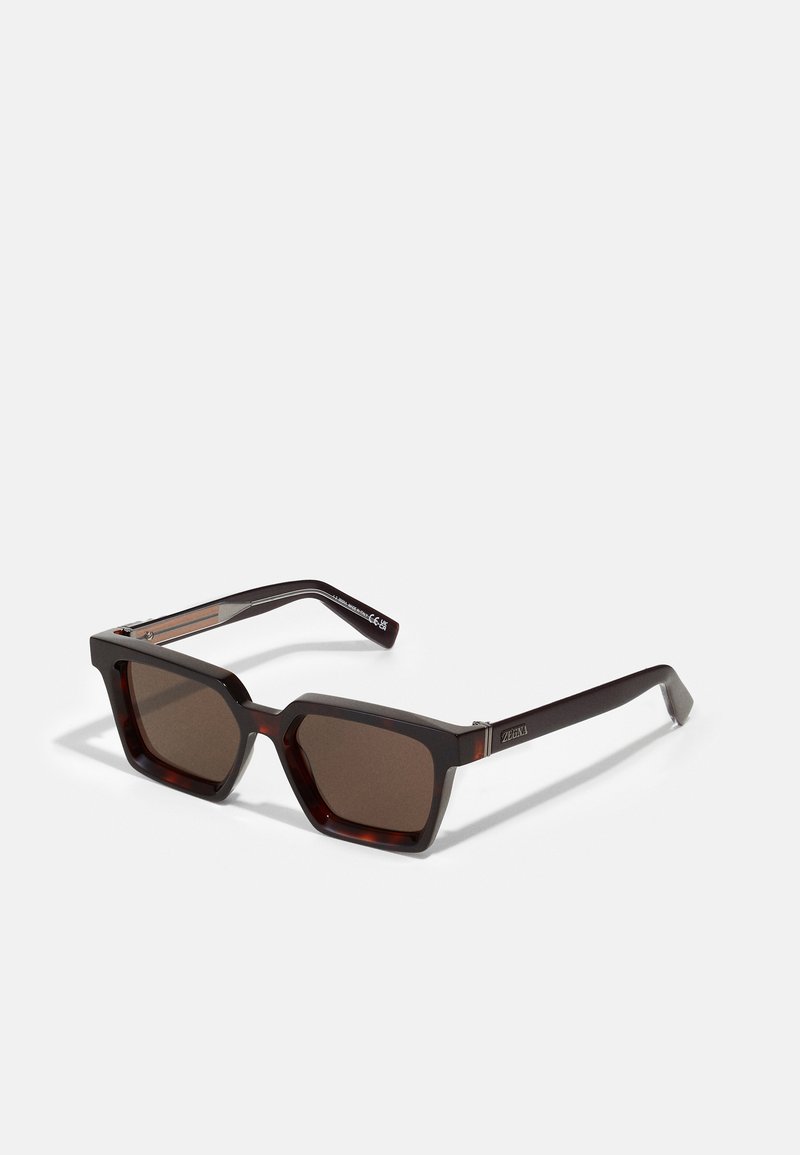 Brown hexagonal sunglasses with dark brown lenses, thick tortoiseshell frames, and metal accents on the arms. Sleek and modern design.