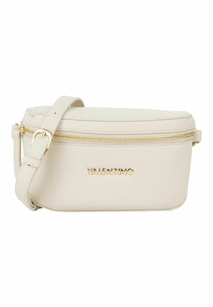 Sac banane Valentino en cuir crème avec fermeture éclair dorée et bandoulière réglable, arborant le logo de la marque en relief à l'avant.