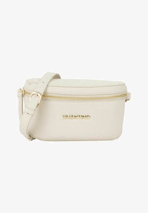 Sac banane Valentino en cuir crème avec fermeture éclair dorée et bandoulière réglable, arborant le logo de la marque en relief à l'avant.