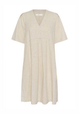 Rochie din in bej cu manșete scurte, decolteu în V și plisaje în față. Tăietură regulară cu o siluetă fluidă.