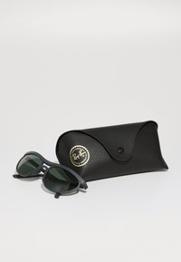 Óculos de sol Ray-Ban com lentes verde-escuras, armação de plástico preto e uma caixa em pele preta texturizada com um logótipo dourado.