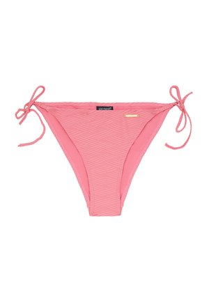 Rožinė maudymosi kelnaitė su tekstūruotu geometriniu raštu, reguliuojamais raišteliais abiejose pusėse ir mažyte auksine etiketėle priekyje.