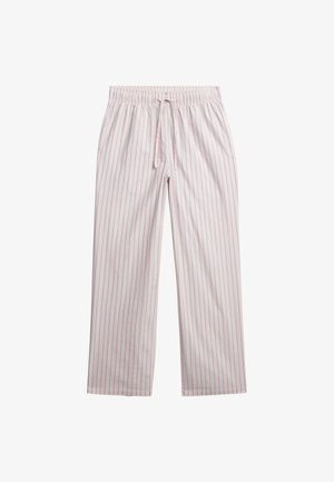 Pantalones de pijama rosa claro con rayas verticales azules, cintura elástica y cordón delantero, extendidos planos sobre un fondo blanco.