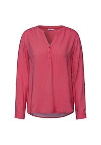 Red and white striped long-sleeve shirt with a henley neckline and button detail. Material appears lightweight with a relaxed fit.