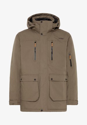 Veste isolée marron avec capuche, dotée de deux poches de poitrine zippées, de deux poches inférieures à pression, et de poignets ajustables.